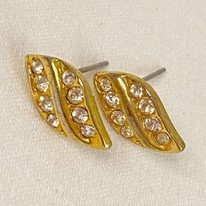Stud Earrings Gold Tone Clear Rhinestone Leaf Shape